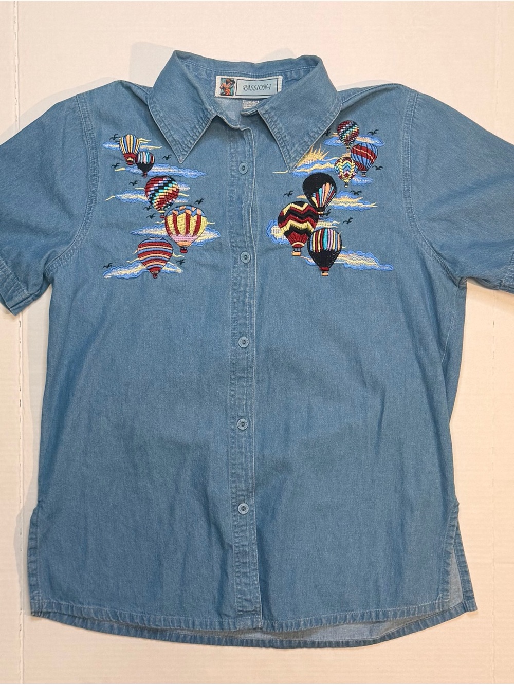 Vintage Embroidered Hot Air Balloon Denim Button Down Shirt